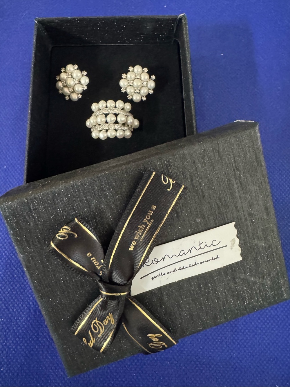 Elegant and romantic Faux Pearl Cluster Ring and Earring Set in gift box - NWT